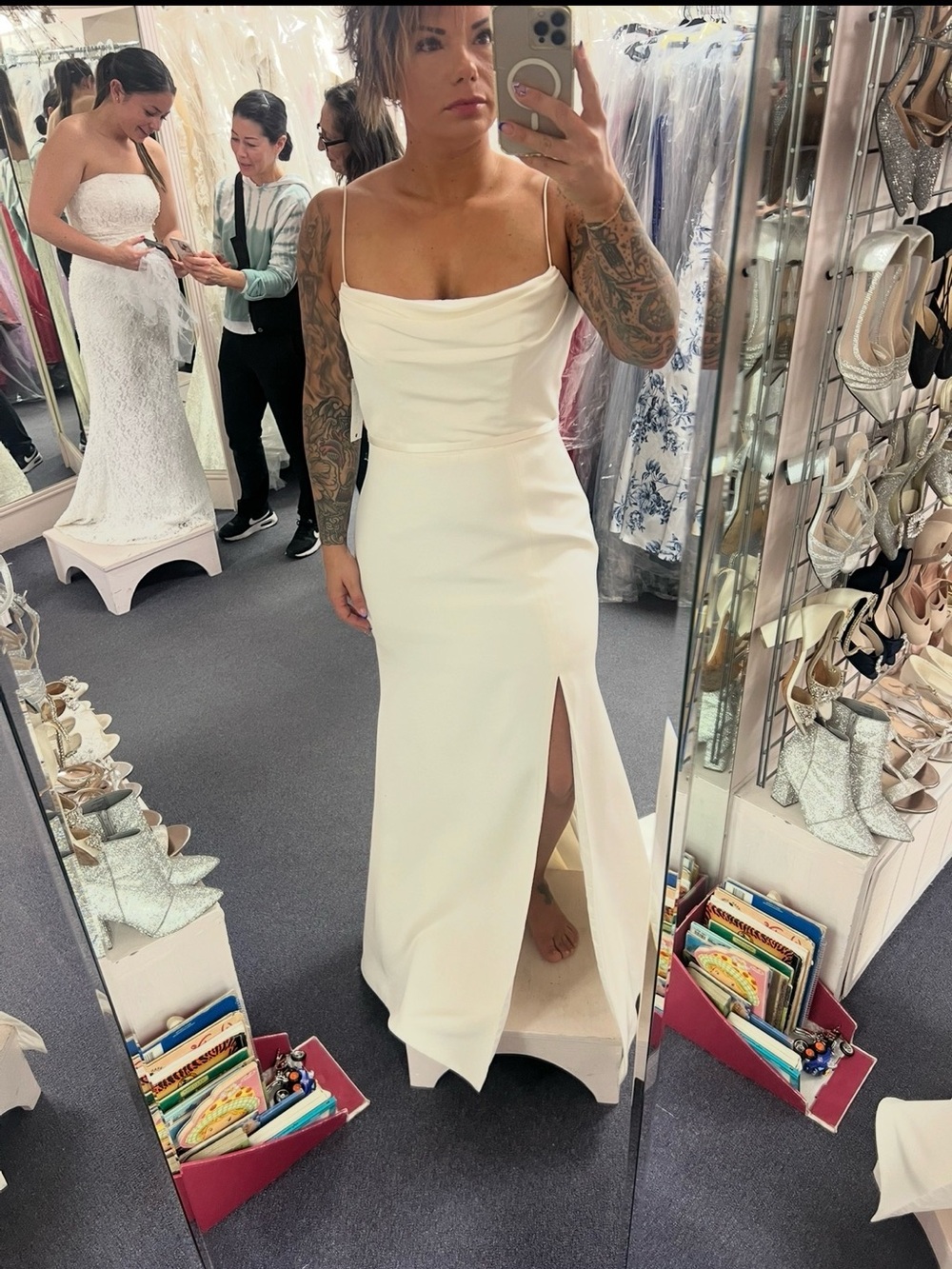 White Spaghetti-Strap Wedding Dress with Front Slit, open back with lace.